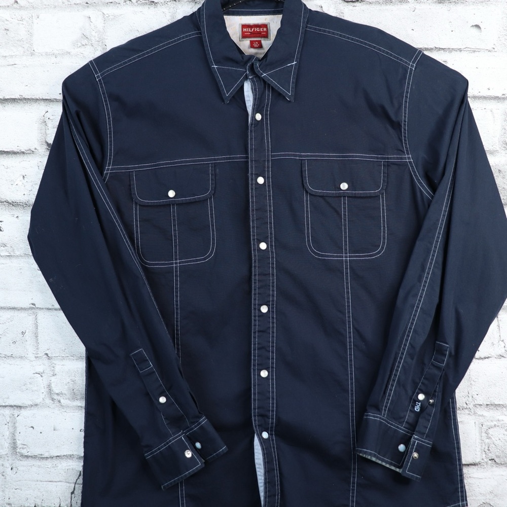 Vintage Tommy Hilfiger Red Label Denim Pearl Snap Button Men’s Large Navy Shirt